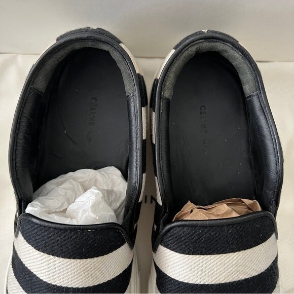 Celine Black/White Striped Canvas Slip On Sneakers - Picture 8 of 16